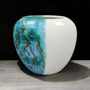 Hand Painted Vase Impressionist White Teal Green Gold Nighttime Tree Minimalist